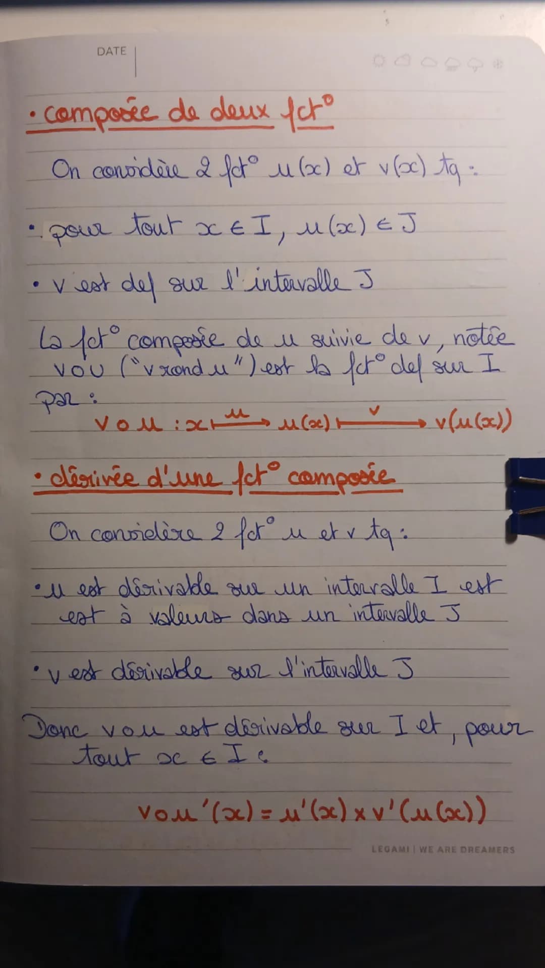 DATE
900000
• composée de deux fcto
On convidere 2 fot u(x) et v (oc) tq=
• pour tout $x \in I$, $M(x) \in J$
• vest del sur l'intervall