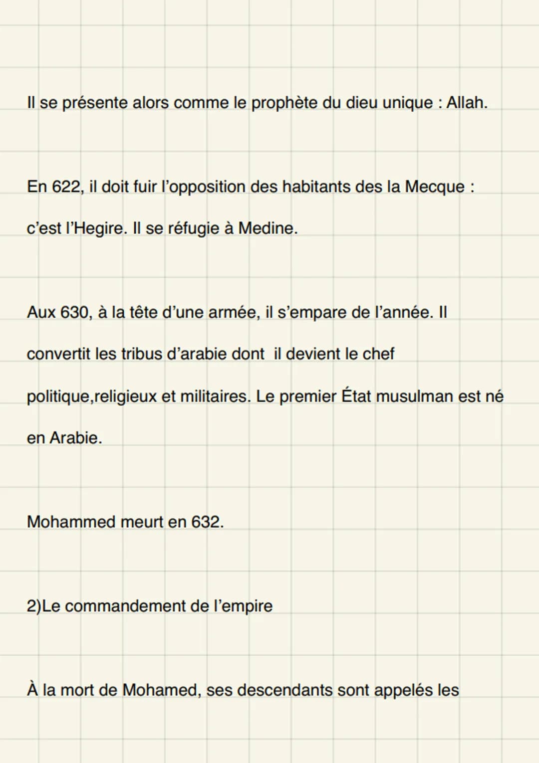 # L'islam
Une religion, un empire
Au au début du, les arabes c'est pour la plupart polythéistes.
Mohamed, on travailler on va annoncer une
