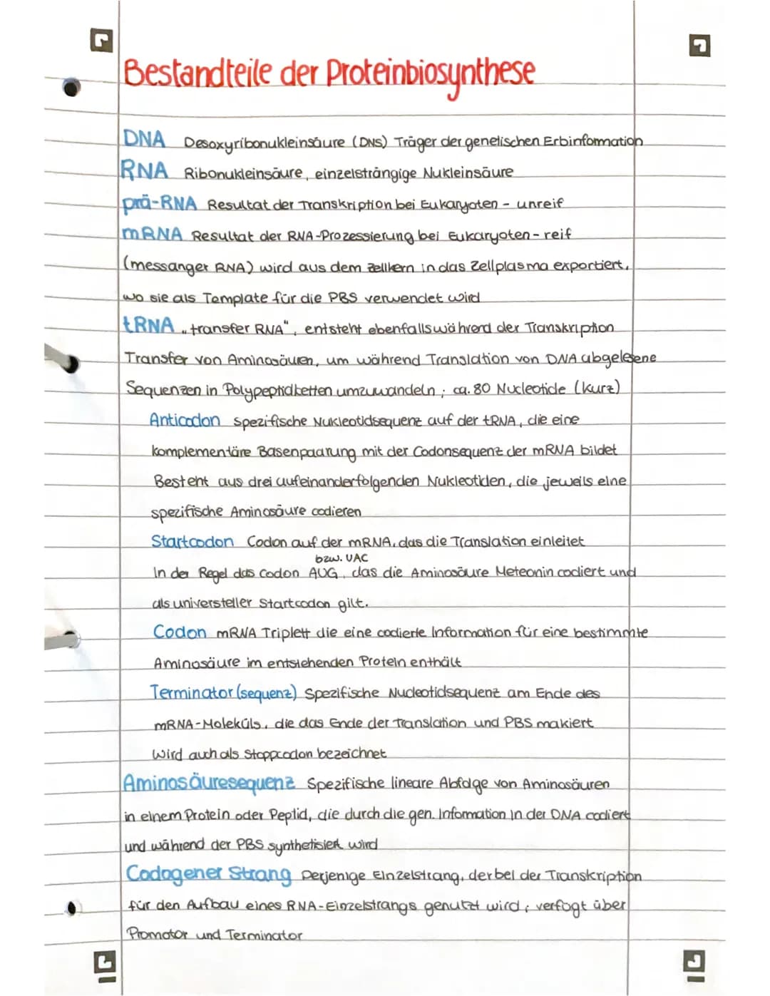# PROTEINBIOSYNTHESE
ABI 23 Hamburg Bestandteile der Proteinbiosynthese
DNA Desoxyribonukleinsäure (DNS) Träger der genetischen Erbinforma