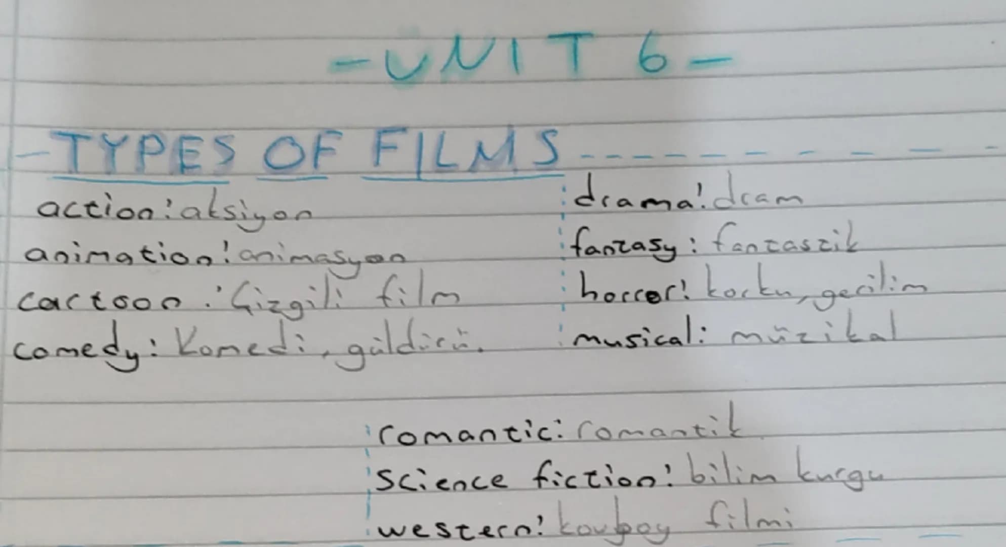 - UNIT 6-
-TYPES OF FILMS --
action:aksiyon
animation: animasyon
cartoon. Çizgili film
•
comedy: Komedi, güldürü.
---
idramaidram
fantasy: