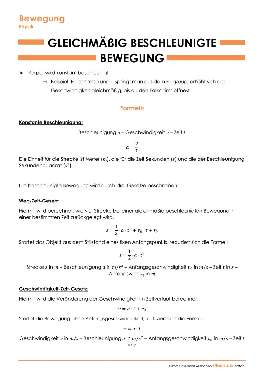 # Bewegung
Physik
# GLEICHMÄBIG BESCHLEUNIGTE
# BEWEGUNG
► Körper wird konstant beschleunigt
⇒ Beispiel: Fallschirmsprung - Springt man a