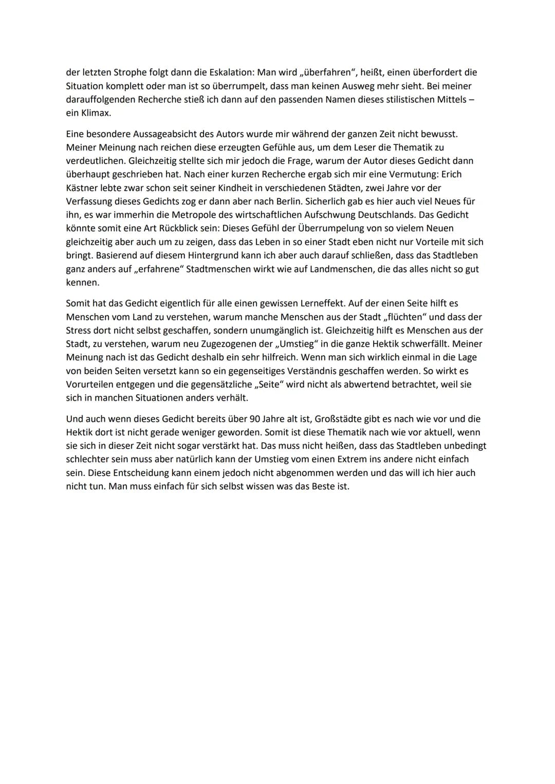 # „Besuch vom Lande" - Erich Kästner -
Gedichtinterpretation
In Erich Kästners Gedicht,,Besuch vom Lande" geht es um die Wirkung der Großst