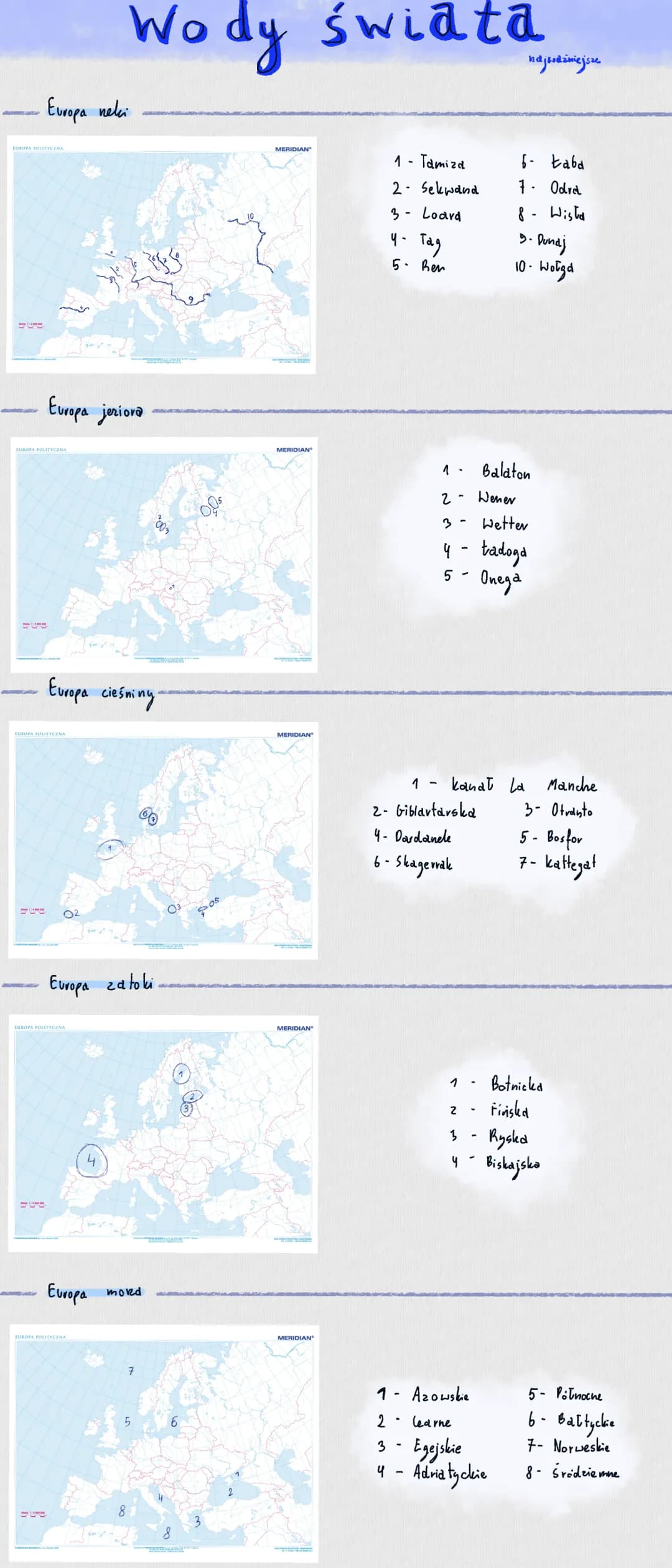 # Wody świata
najudimejsu
Europa nelei
1- Tamizd
2. Sekwand
3- Loard
4. Tag
5. Ren
6- taba
7. Odrd
8- Wishe
5. Dunaj
10. Wolgd
Europa je