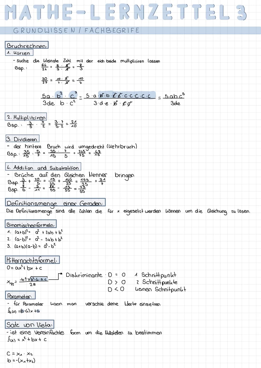 # MATHE-LERNZETTEL 1
PARABEL
Formen einer Parabel.
- Scheitelform $y=a(x-x_s) + y_s$
- Allgemeine form $y = ax^2 + bx + c$
- Produkform