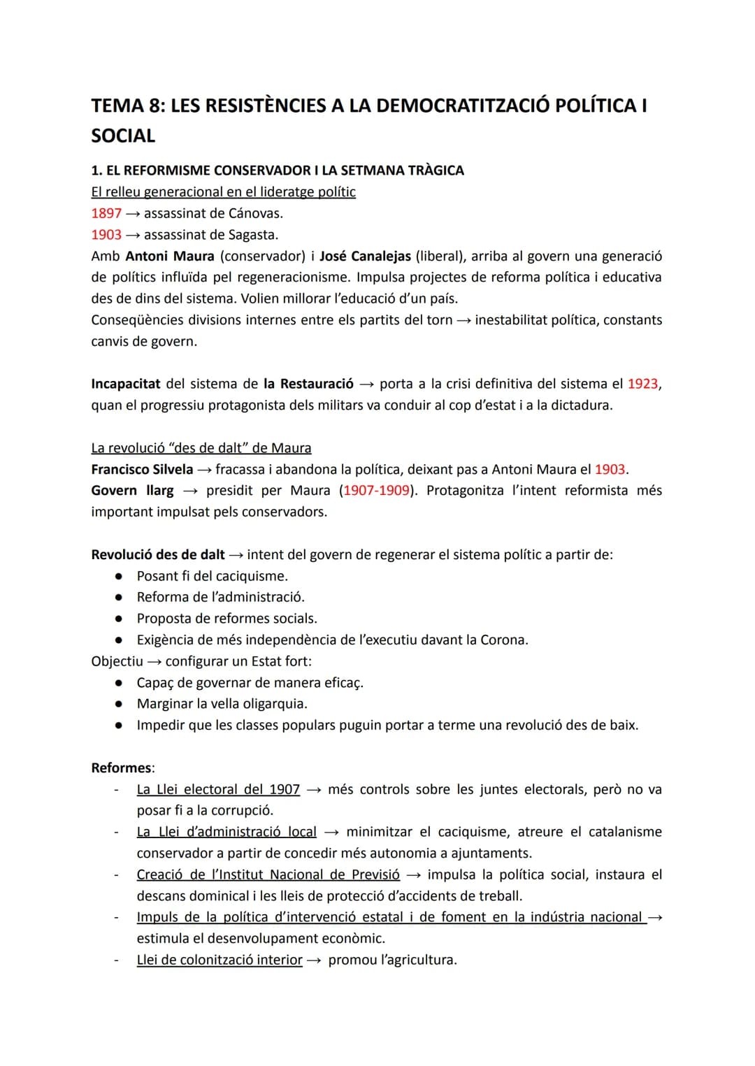 # TEMA 8: LES RESISTÈNCIES A LA DEMOCRATITZACIÓ POLÍTICA I
SOCIAL
1. EL REFORMISME CONSERVADOR I LA SETMANA TRÀGICA
El relleu generacional