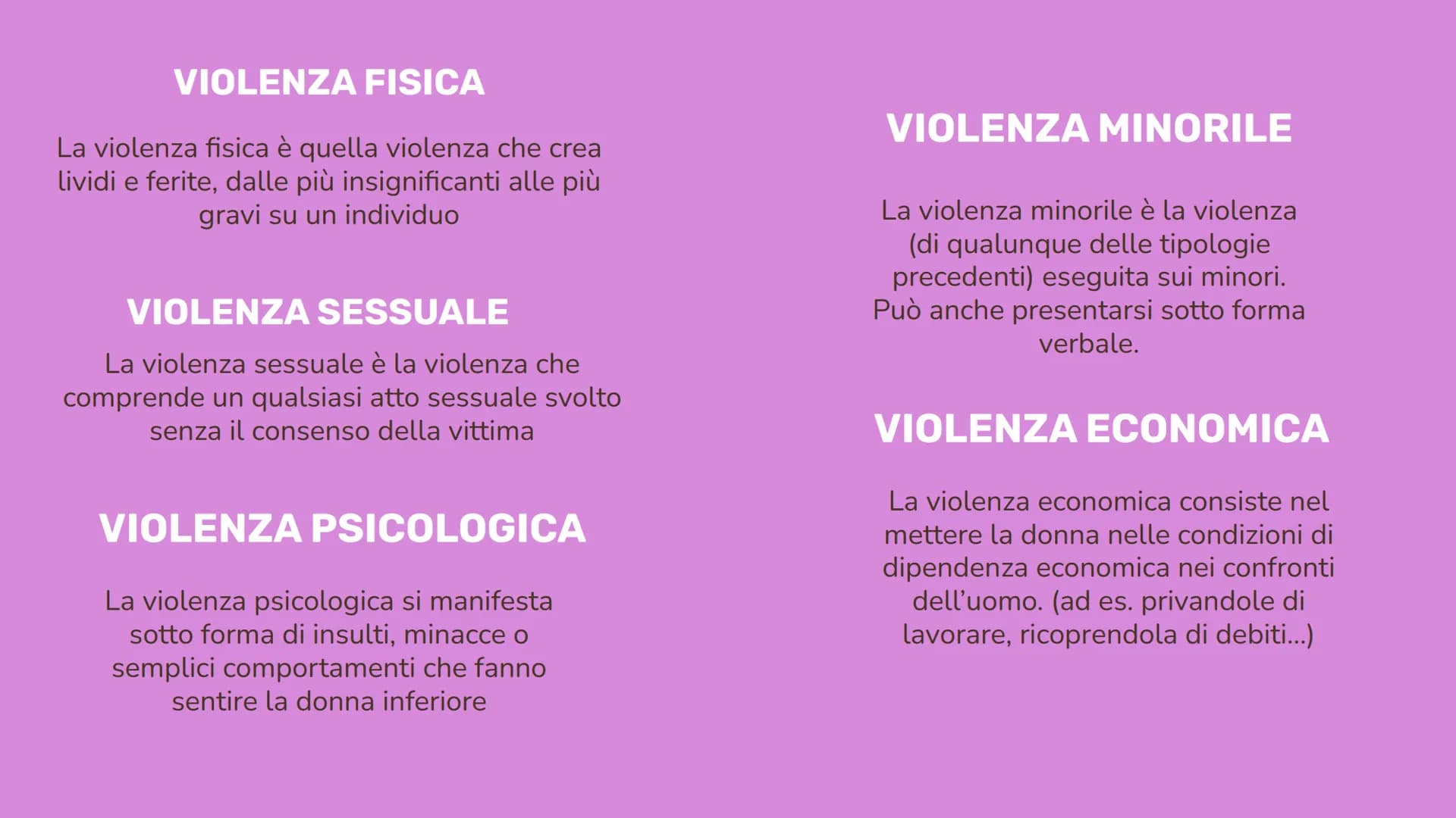 우
Siamo
DONNE
Di Erica Delli Rocili, Charice Magsino e Francesca di
Lernia
Anno scolastico 2021/2022 VIOLENZA
01
Forme di violenza
FEMMI