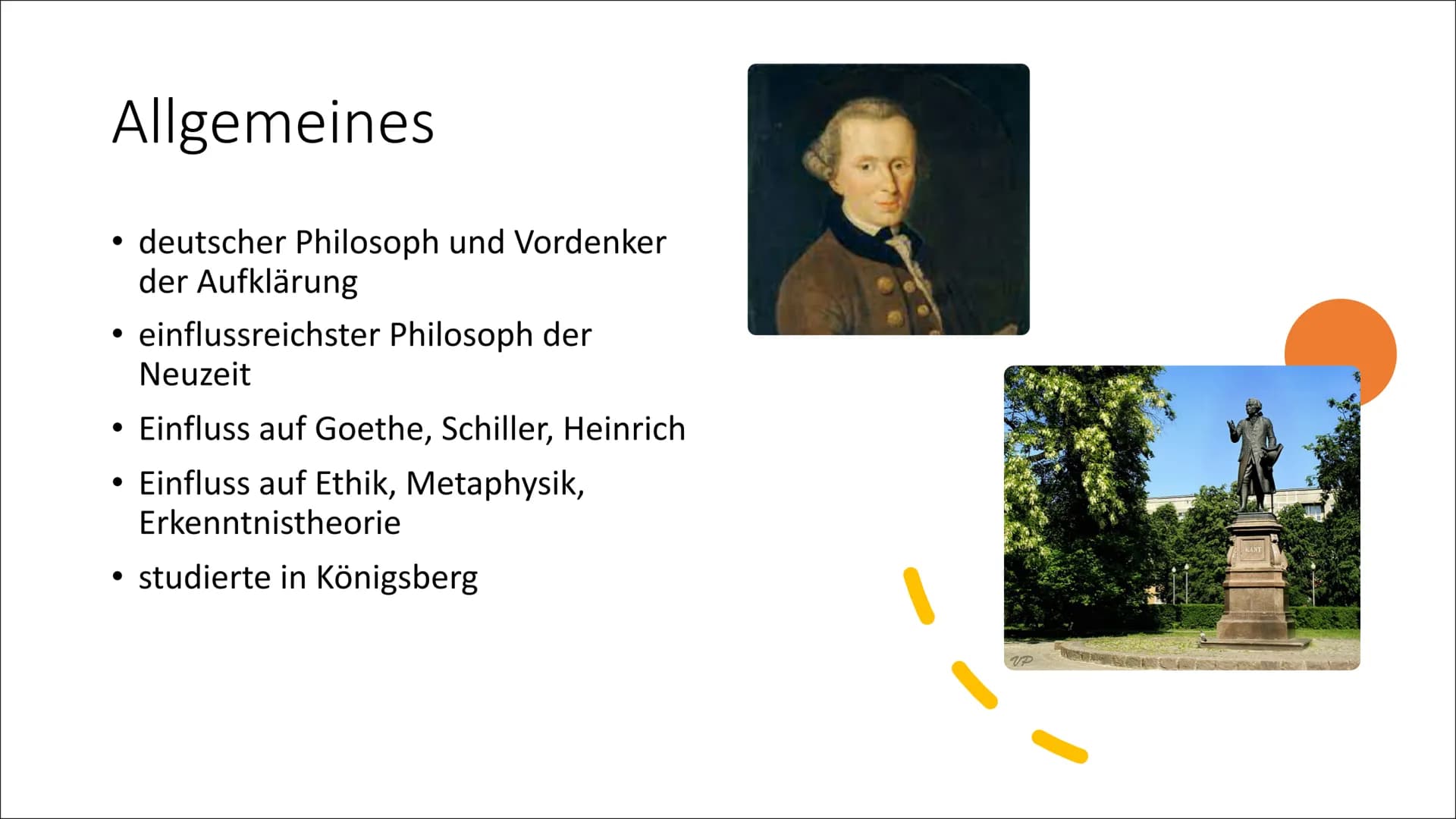 # Immanuel Kant
Laura Nußbaum Gliederung
• Allgemeines
• Biografie
• Werke
• Kategorischer Imperativ
• Seine Aufklärung
• Kants Vorstellun