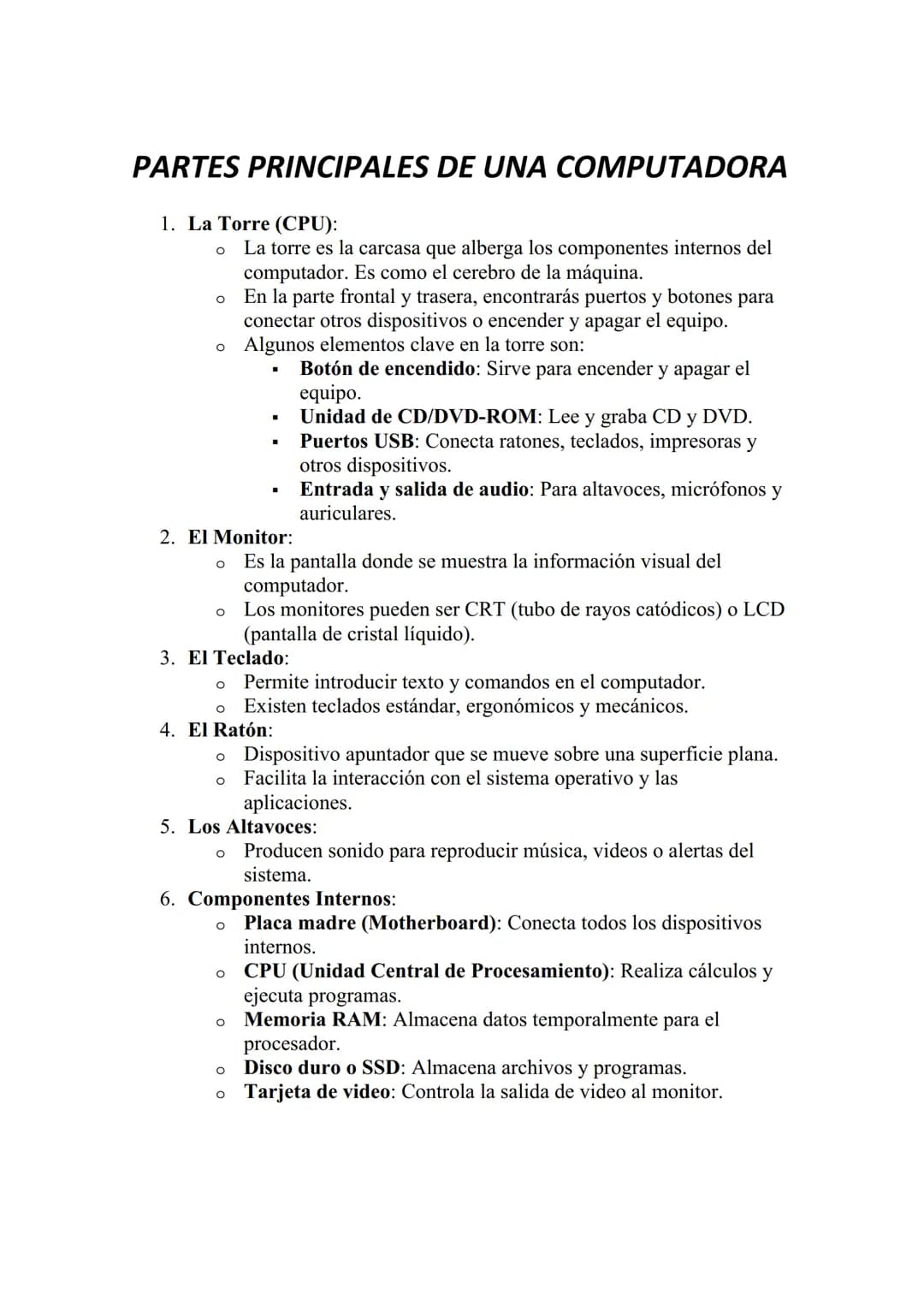 # PARTES PRINCIPALES DE UNA COMPUTADORA
1. La Torre (CPU):
* La torre es la carcasa que alberga los componentes internos del
c