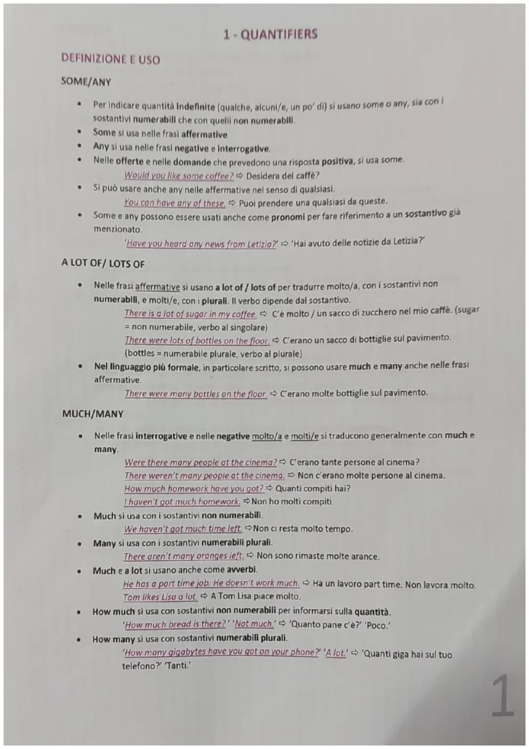 # 1-QUANTIFIERS
DEFINIZIONE E USO
SOME/ANY
- Per indicare quantità Indefinite (qualche, alcuni/e, un po' di) si usano some o any, sia con