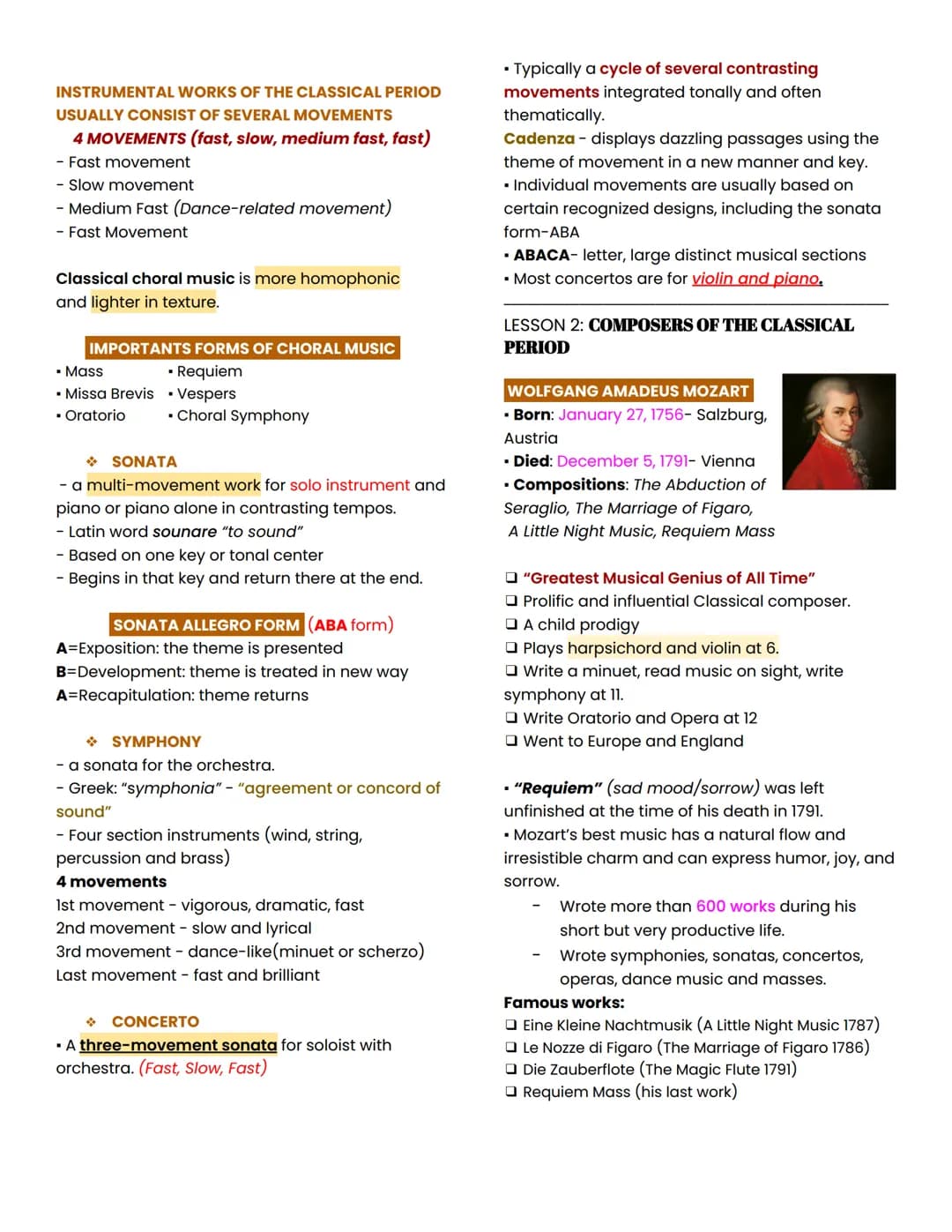 MAPEH REVIEWER
LESSON 1: CHARACTERISTICS AND MUSICAL
FORMS OF THE CLASSICAL PERIOD
CLASSICAL PERIOD
• With structural clarity
Return to symm