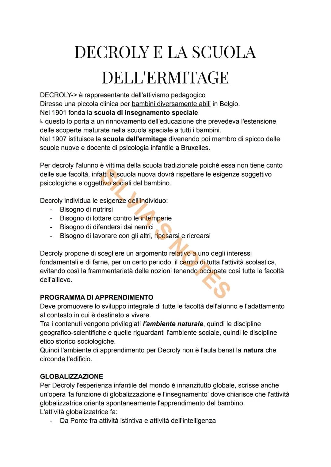 <h2>Il Pensiero Pedagogico di Decroly</h2>
<p>Il pensiero di Decroly è caratterizzato da due principi fondamentali: l'estensione delle scop