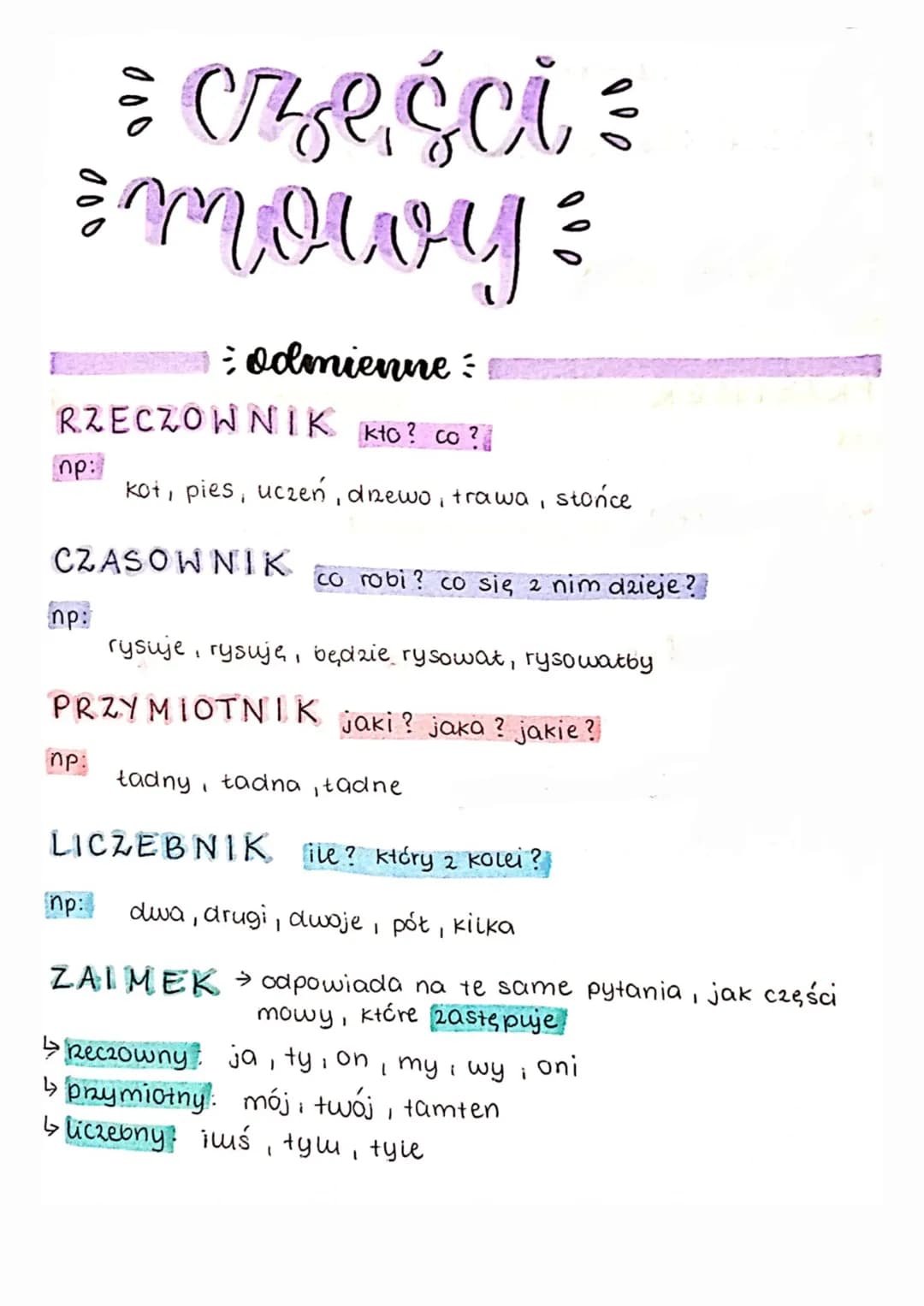 ### części
### mowy
: odmienne :
RZECZOWNIK kto? co?
np:
kot, pies, uczeń, drzewo, trawa, słońce
CZASOWNIK co robi? co się z nim dzieje