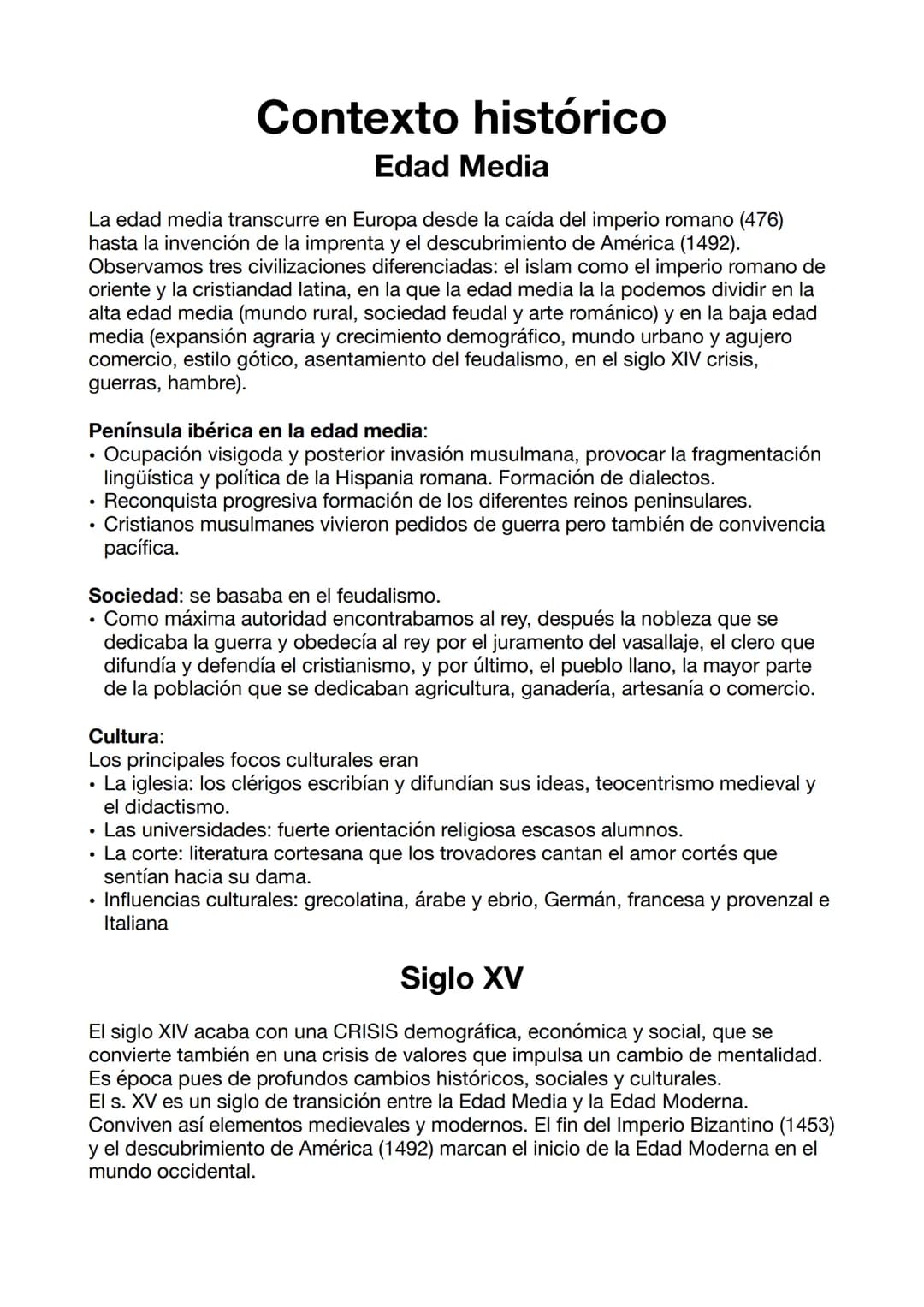 # Contexto histórico
Edad Media
La edad media transcurre en Europa desde la caída del imperio romano (476)
hasta la invención de la impren