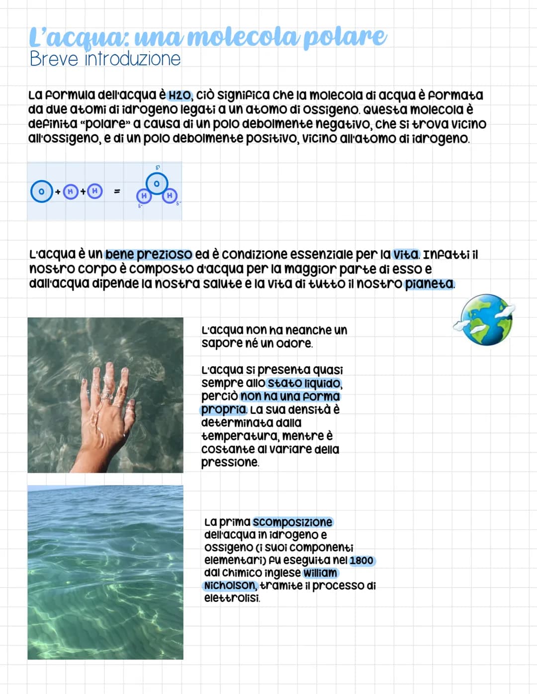 # L'acqua: una molecola polare
Breve introduzione
La formula dell'acqua è H20, Ciò significa che la molecola di acqua è formata
da due atom