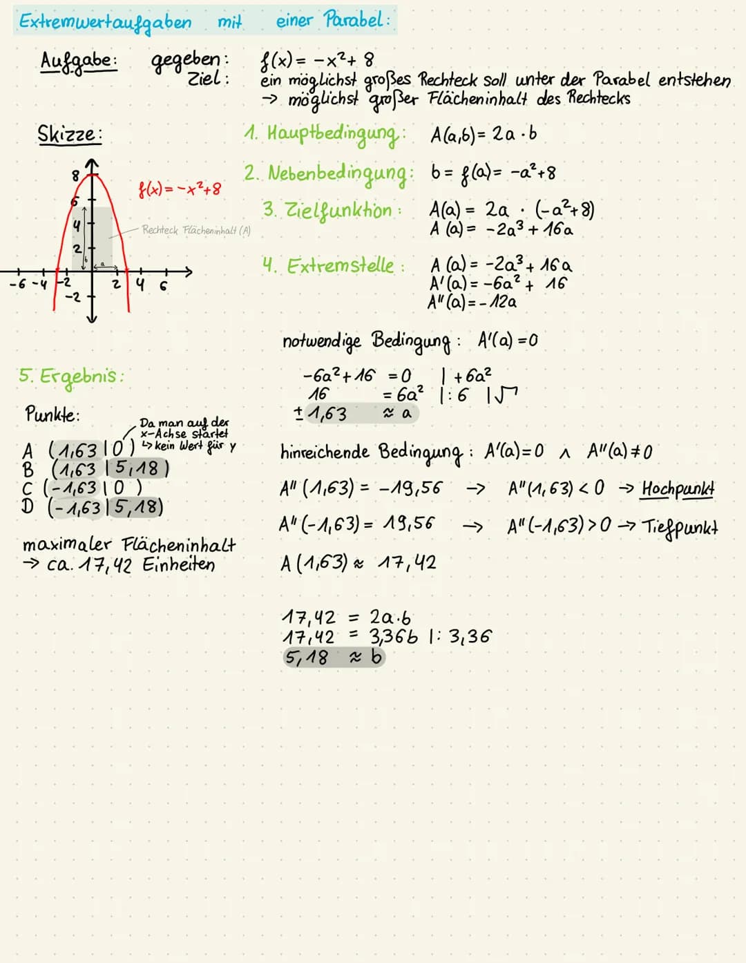# Extremwert probleme
-mit Nebenbedingungen
Ablauf:
1. Hauptbedingung aufstellen (gesucht: maximaler oder minimaler Wert)
2. Nebenbedingung