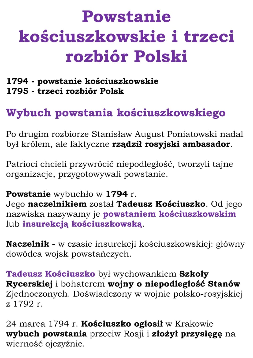 # Powstanie
kościuszkowskie i trzeci
rozbiór Polski
1794 - powstanie kościuszkowskie
1795 - trzeci rozbiór Polsk
## Wybuch powstania kości