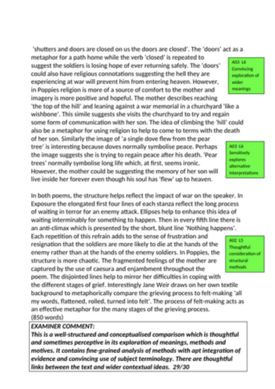 # Compare how Poppies and one other poem (Exposure)
explore the impact of war. (30)
Exposure explores how war impacts soldiers on the front