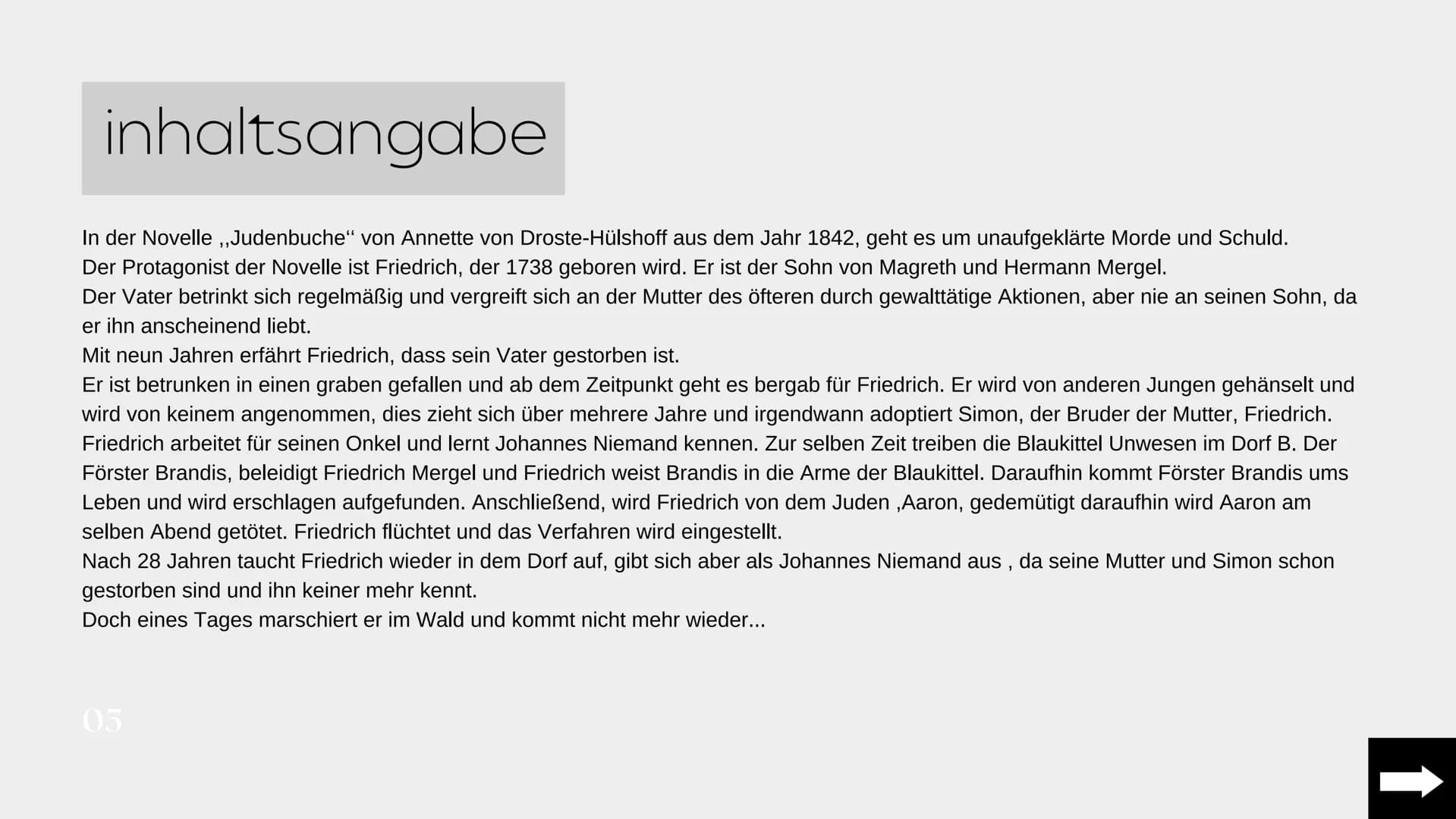 # Die
# Judenbuchen
Portfolio Arbesa Rrustemi, 9c
01 Was ist eigentlich
eine Novelle?
Eine Novelle ist eine kürzere Erzählung, die in
der
