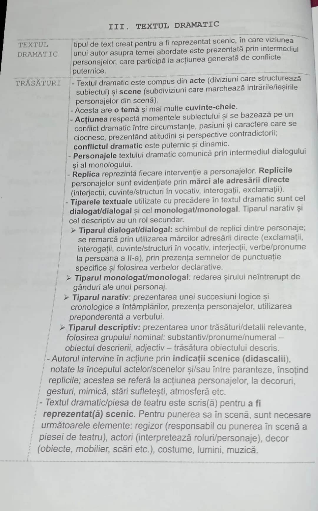 ### III. TEXTUL DRAMATIC
TEXTUL
DRAMATIC
tipul de text creat pentru a fi reprezentat scenic, în care viziunea
unui autor asupra temei abor