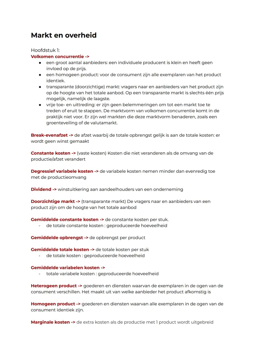 # Markt en overheid
Hoofdstuk 1:
Volkomen concurrentie
- een groot aantal aanbieders: een individuele producent is klein en heeft geen
invl
