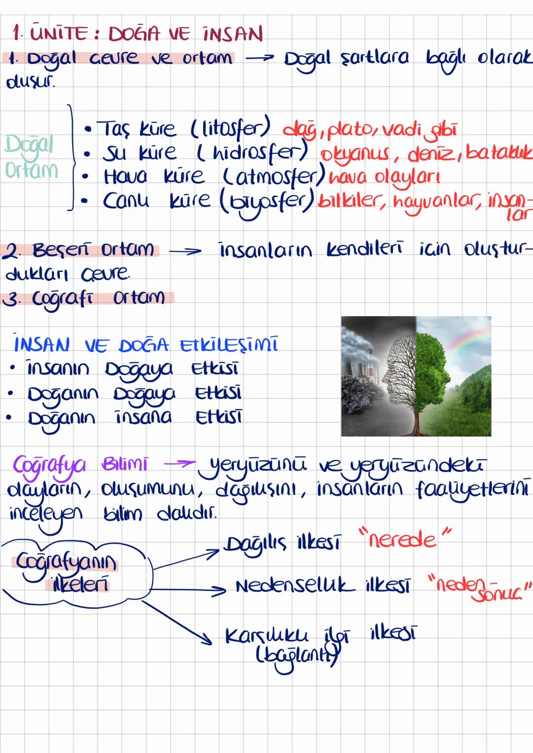 # 1. ŪNĪTE: DOĞA VE İNSAN
1. Dogal ceure ve ortam → Doğal şartlara bağlı olarak
duşur.
Dogal
Ortam
* Taş küre (litosfer) dağ, plato, va