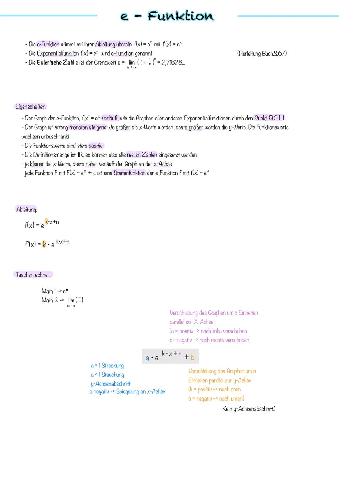 A:
e-Funktion # e - Funktion
- Die e-Funktion stimmt mit ihrer Ableitung überein: f(x) = $e^x$ mit f'(x) = $e^x$
- Die Exponentialfunktion