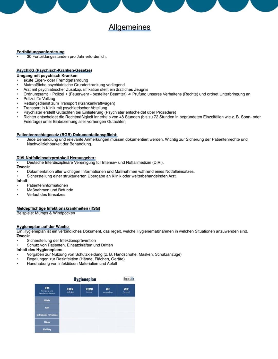 # Allgemeines
Fortbildungsanforderung
30 Fortbildungsstunden pro Jahr erforderlich.
PsychKG (Psychisch-Kranken-Gesetze)
Umgang mit psych