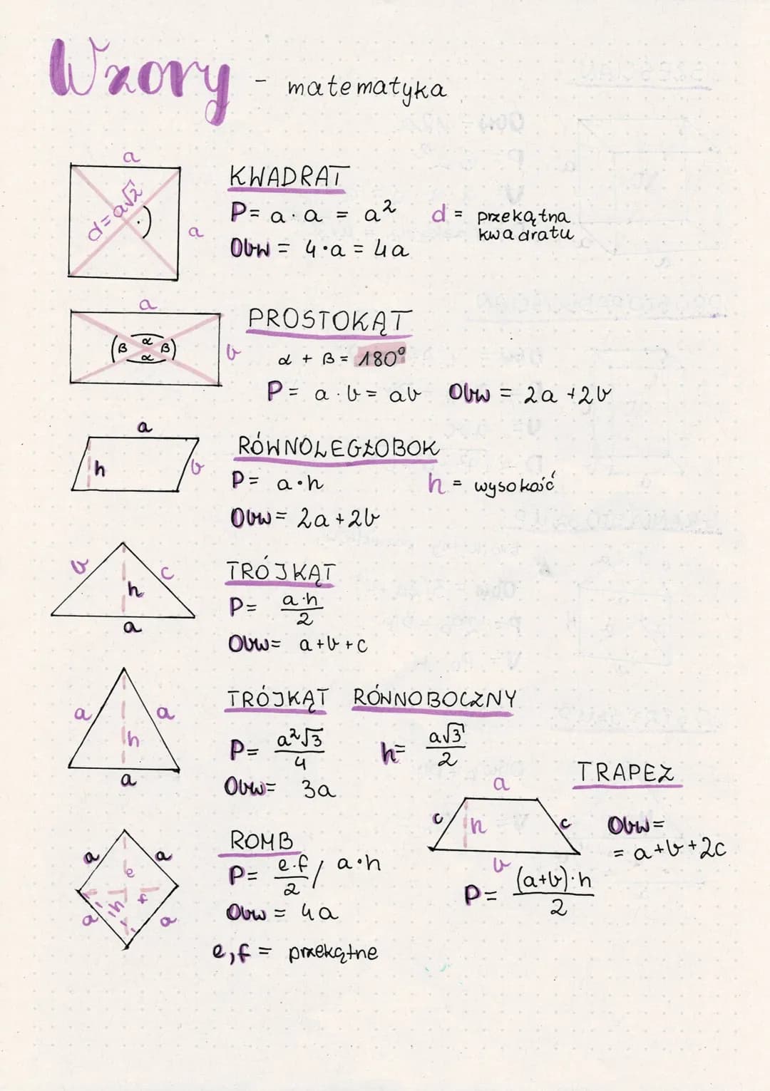 # Wzory - matematyka
a
$d=a\sqrt{2}$
a
# KWADRAT
$P= a \cdot a = a^2$ d = przekątna
$Obw = 4 \cdot a= 4a$ kwadratu
b
# PROSTOKĄT
$