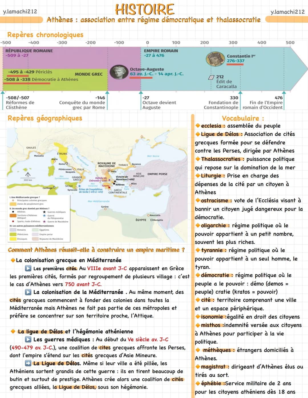 y.lamachi212
# HISTOIRE
Athènes: association entre régime démocratique et thalassocratie
## Repères chronologiques
-500
-400
-300
-200