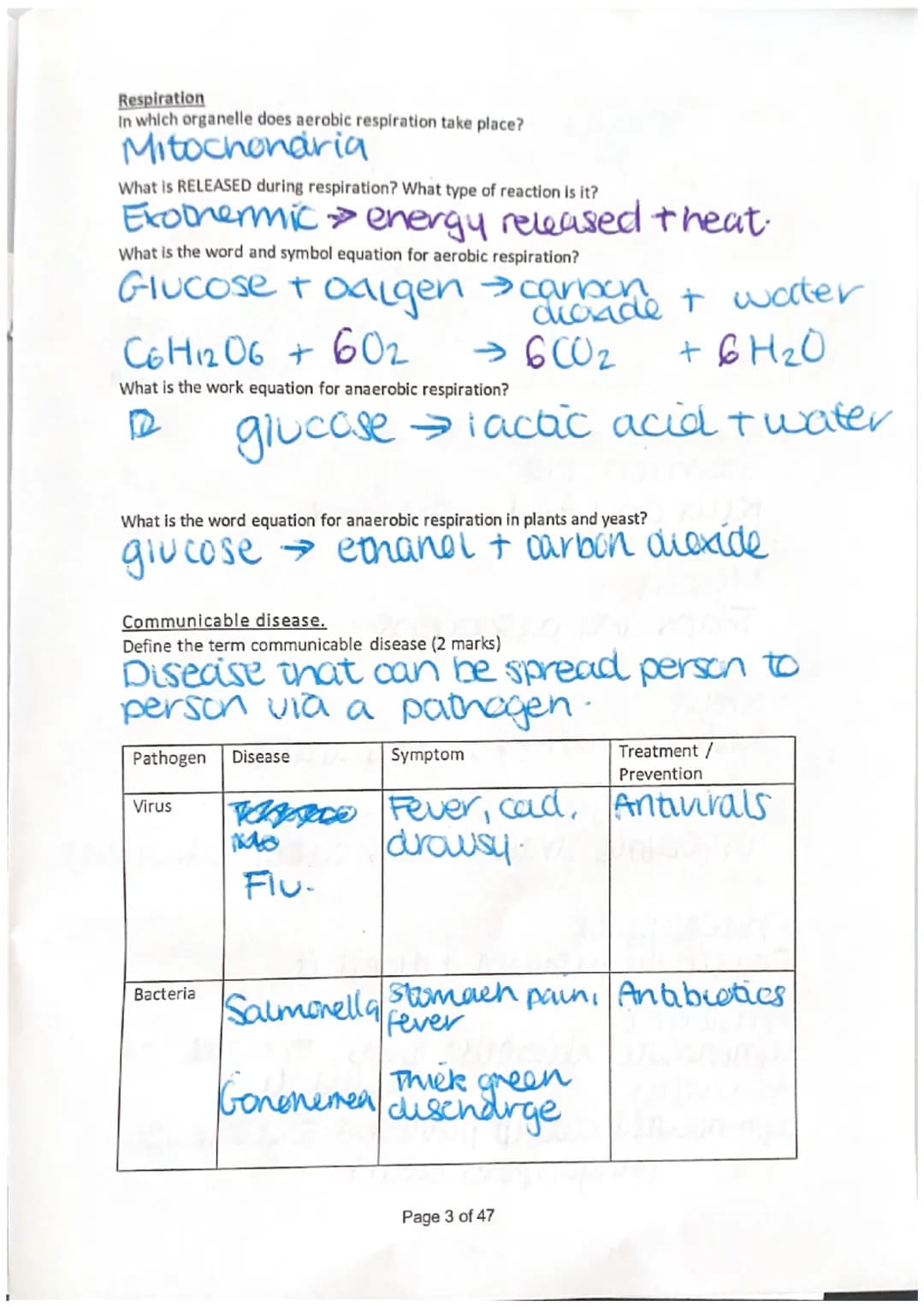 Name Harny Westworth.
Biology Revision Higher / Separates - Paper 1
Session 1 - Cells, Photosynthesis, Respiration, Communicable Disease