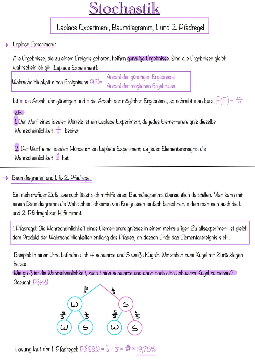 # Stochastik
Laplace Experiment, Baumdiagramm, 1. und 2. Pfadregel
→ Laplace Experiment:
Alle Ergebnisse, die zu einem Ereignis gehören,