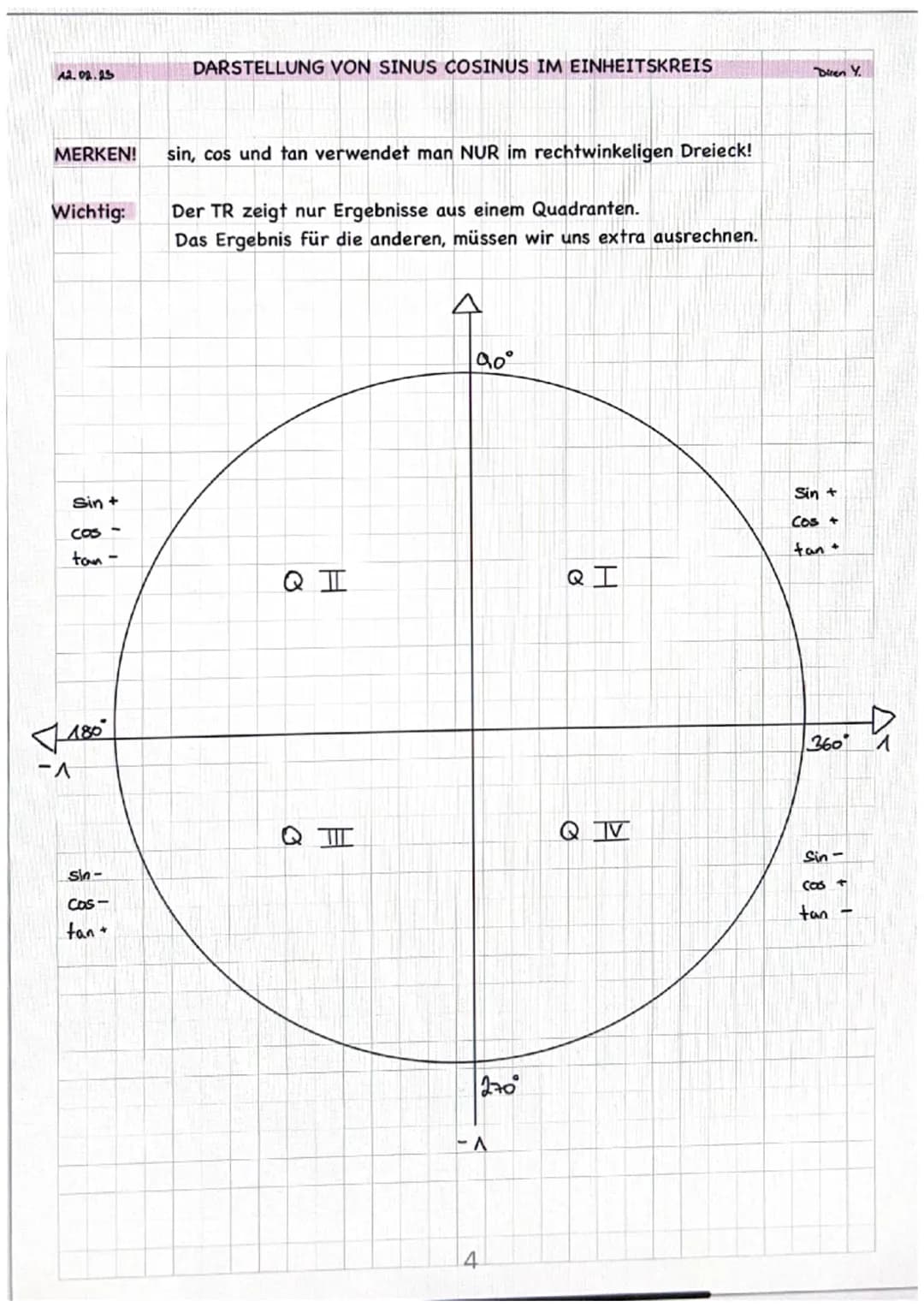 Diren Y.
TRIGONOMETRIE - ZUSAMMENFASSUNG
Dinan Y
11.02.23
FORMEL:
$sin d =$
$cosd=$
$tan <=$
Gegenkathete von
Hypotenuse
Ankathete von