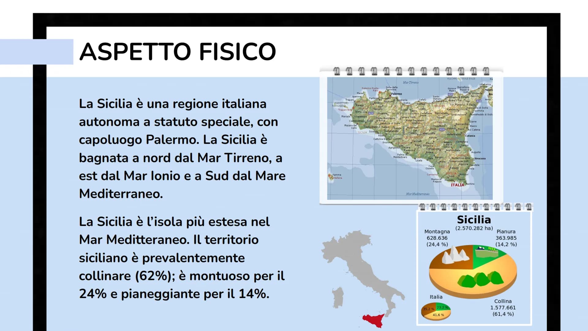 # Sicilia - Aspetto
Fisico
- Politica
- Economia
- Culture e
Tradizioni
- Cibo # ASPETTO FISICO
La Sicilia è una regione italiana
autonoma