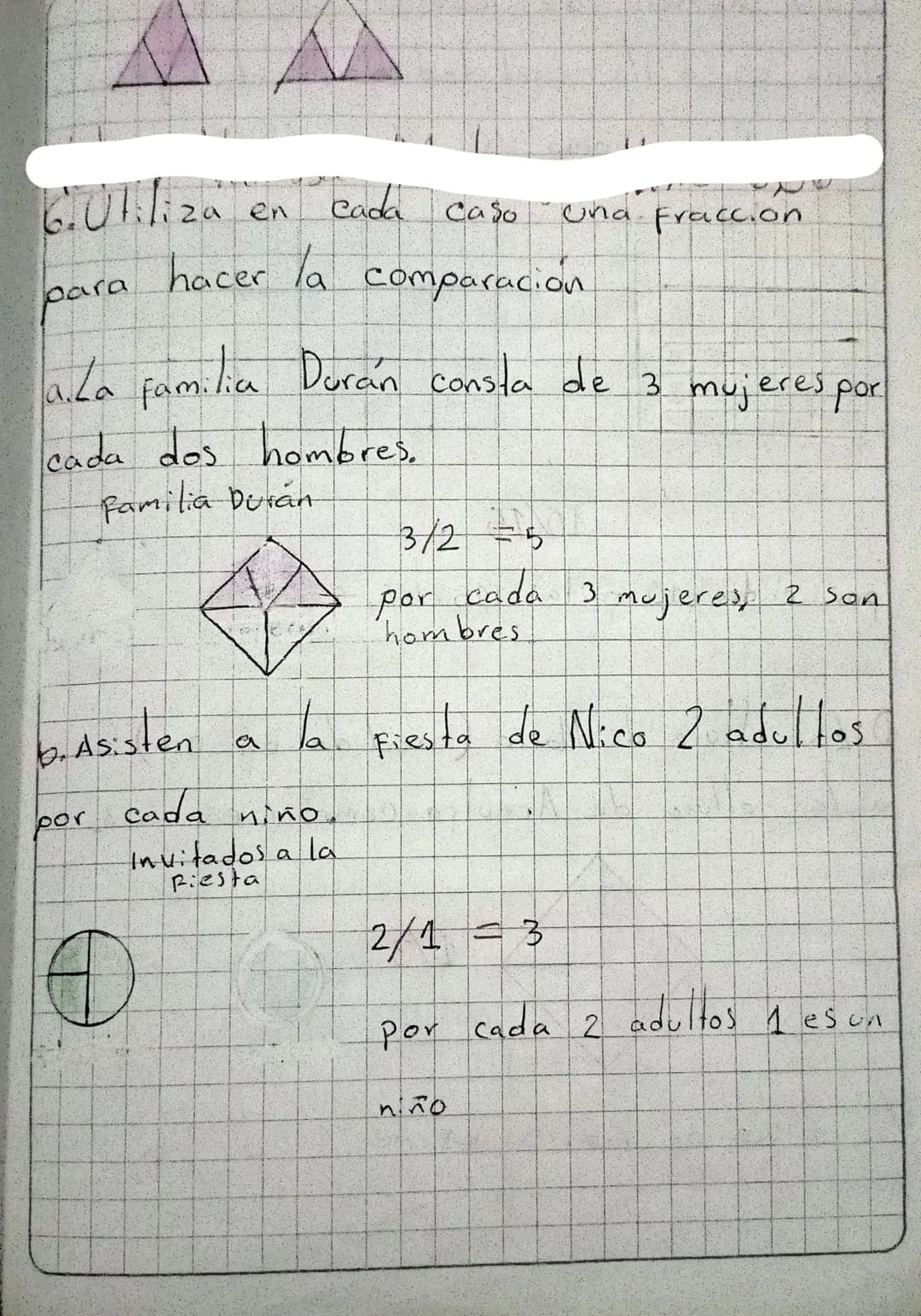 parte coloreada: $\frac{5}{16}$
1.h parte coloreada: $\frac{2}{5}$
parte no coloreada $\frac{3}{5}$
D.Escribe una situación que se repres