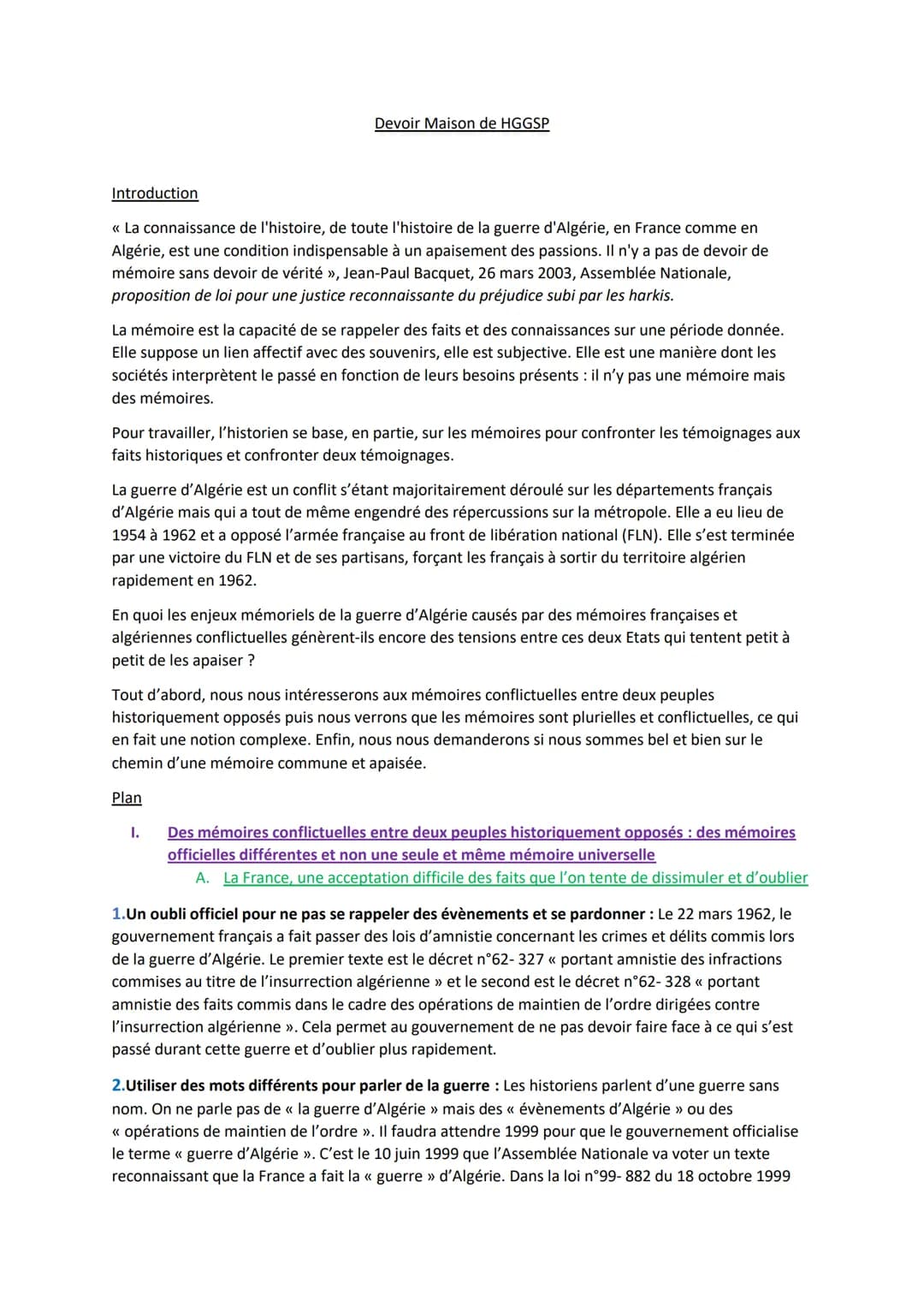 # Devoir Maison de HGGSP
Introduction
« La connaissance de l'histoire, de toute l'histoire de la guerre d'Algérie, en France comme en
Algé