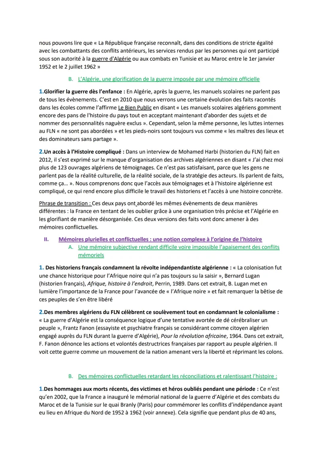 # Devoir Maison de HGGSP
Introduction
« La connaissance de l'histoire, de toute l'histoire de la guerre d'Algérie, en France comme en
Algé