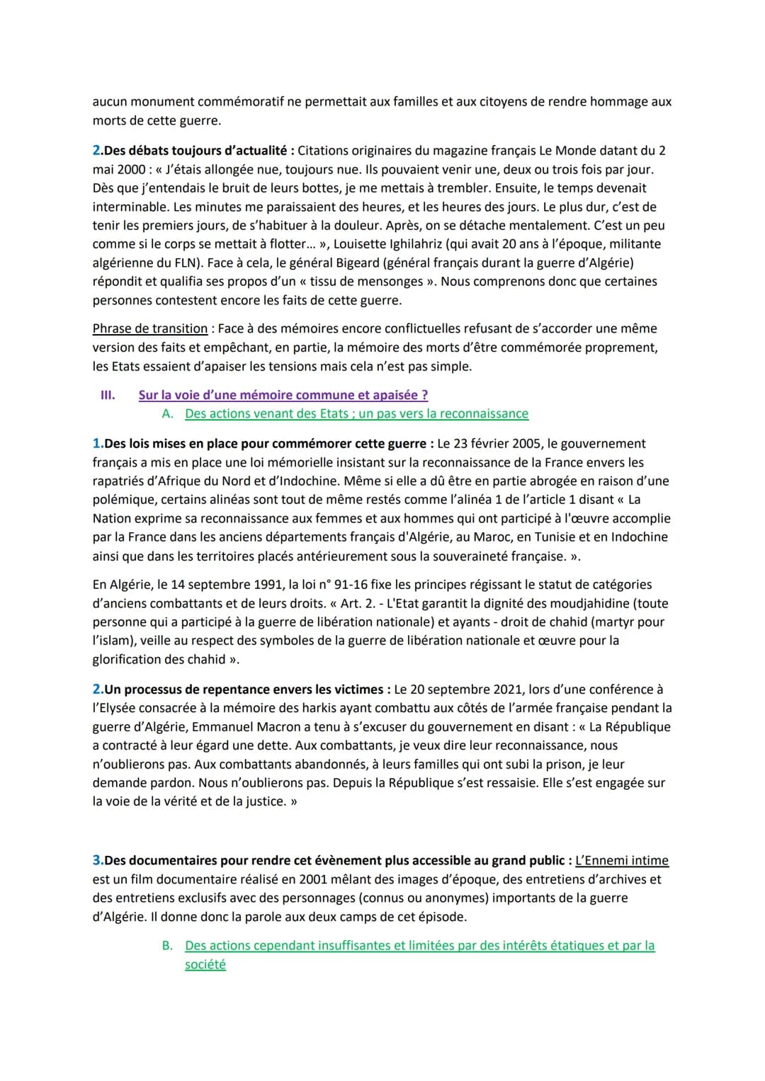 # Devoir Maison de HGGSP
Introduction
« La connaissance de l'histoire, de toute l'histoire de la guerre d'Algérie, en France comme en
Algé