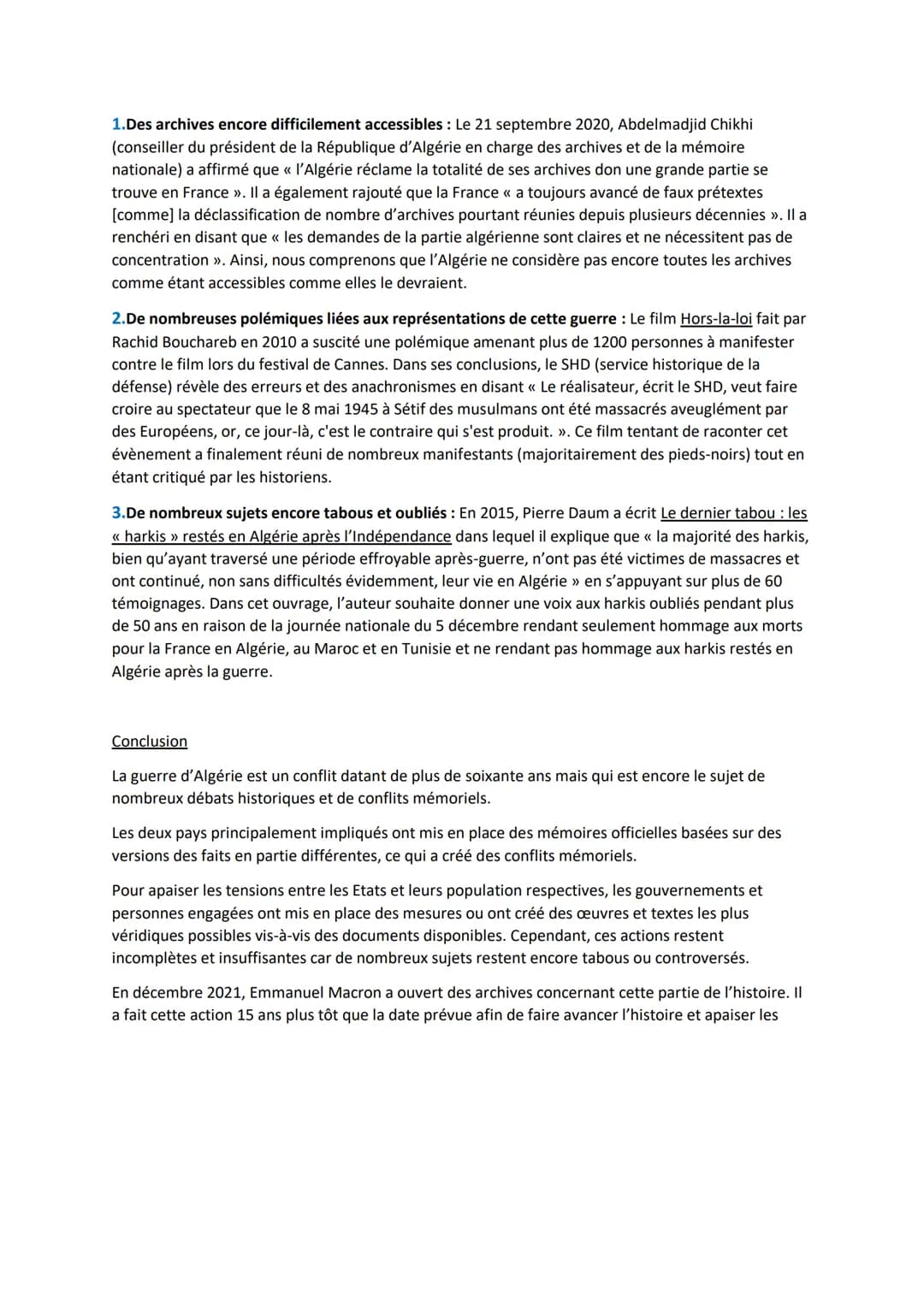 # Devoir Maison de HGGSP
Introduction
« La connaissance de l'histoire, de toute l'histoire de la guerre d'Algérie, en France comme en
Algé