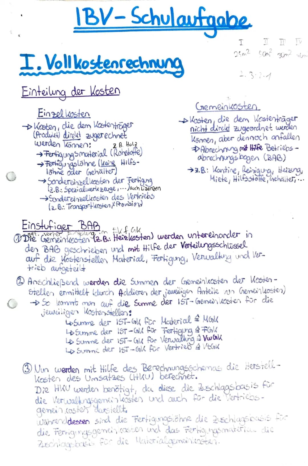 # IBV-Schulaufgabe
# I. Vollkostenrechnung
## Einteilung der Kosten
Einzel kosten
- Kosten, die dem Kostenträger
(Product) direkt zugerec