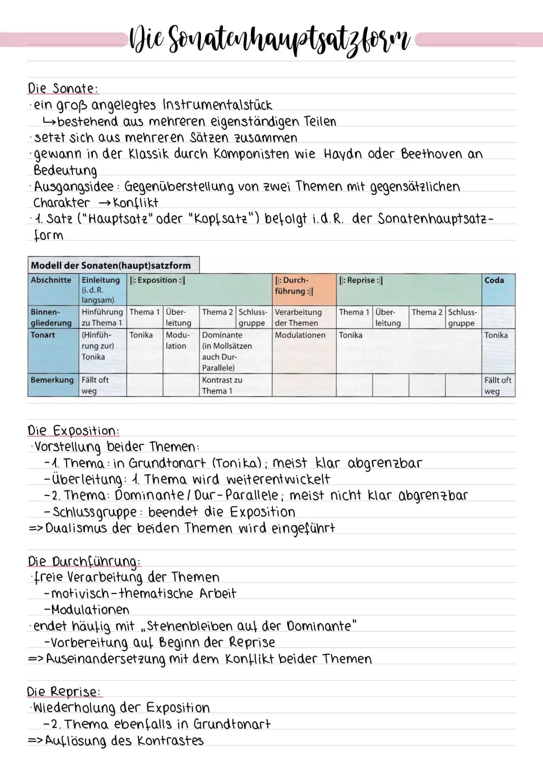 # Die Sonatenhauptsatzform
Die Sonate:
- ein groß angelegtes Instrumentalstück
→bestehend aus mehreren eigenständigen Teilen
- setzt sich