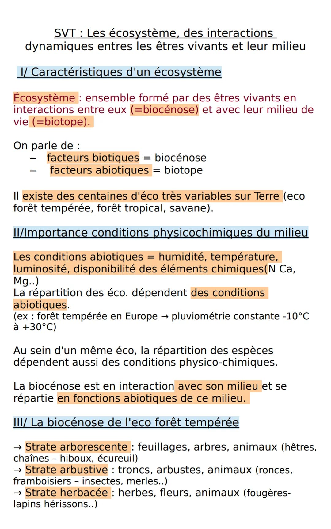 SVT : Les écosystème, des interactions
dynamiques entres les êtres vivants et leur milieu
I/ Caractéristiques d'un écosystème
Écosystème: