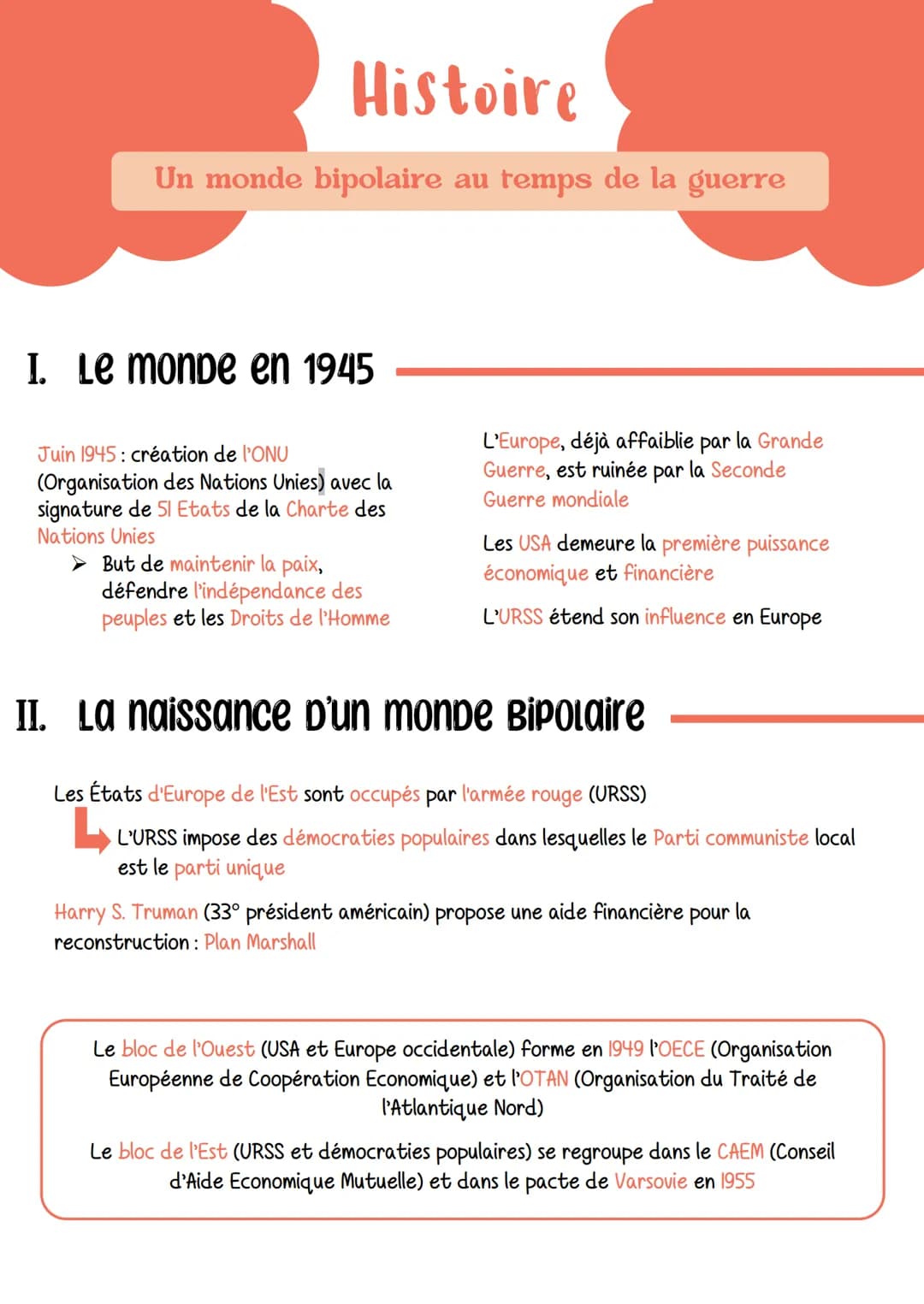 # Histoire
Un monde bipolaire au temps de la guerre
I. Le monde en 1945
Juin 1945: création de l'ONU
(Organisation des Nations Unies) ave