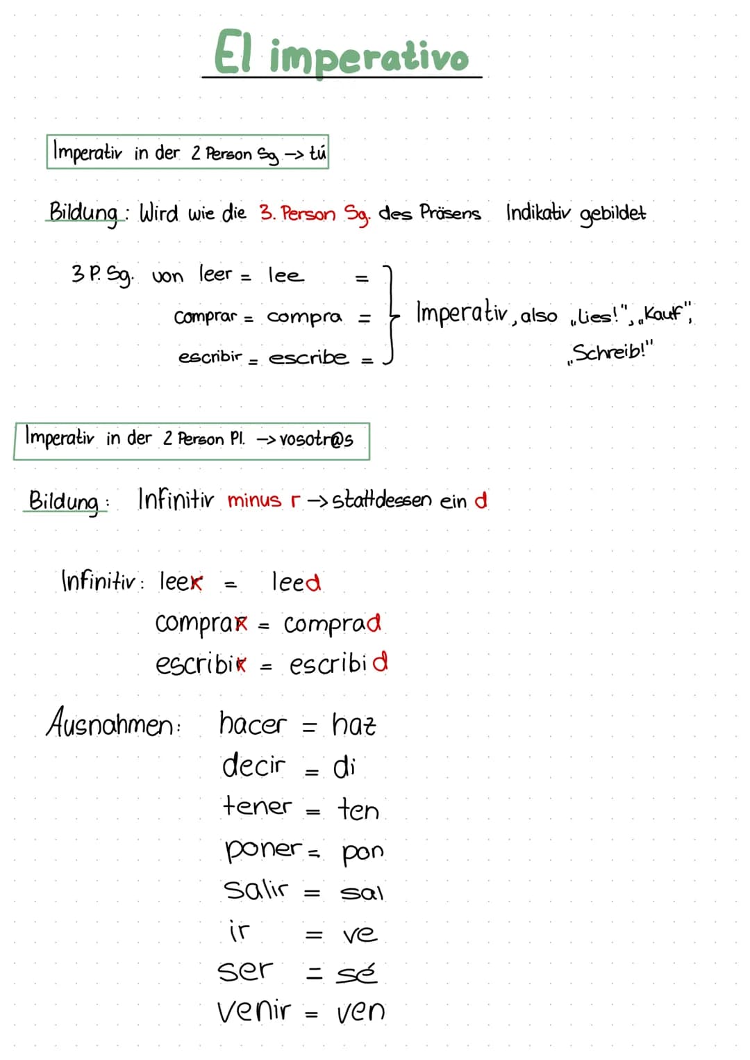 # El imperativo
Imperativ in der 2 Person Sg -> tú
Bildung: Wird wie die 3. Person Sg. des Präsens Indikativ gebildet
3P. Sg. von leer =