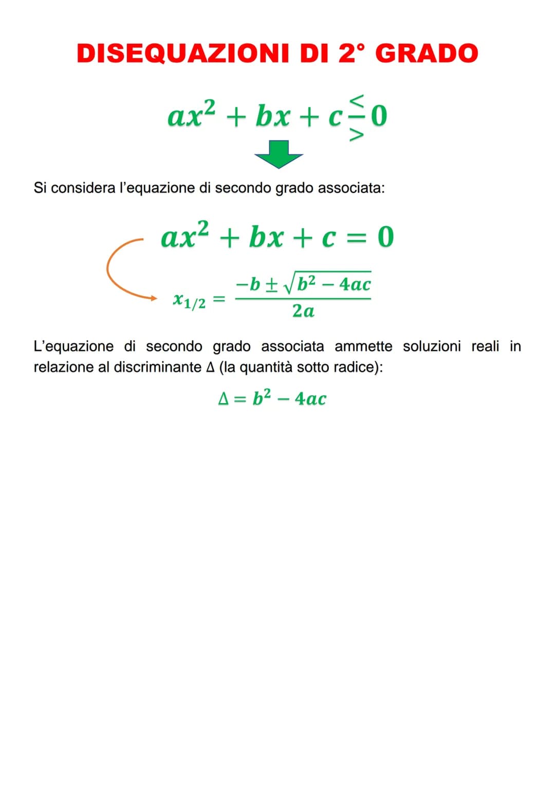 # DISEQUAZIONI DI 2° GRADO
$ax² + bx + c \leqslant 0$
Si considera l'equazione di secondo grado associata:
$ax² + bx + c = 0$
$x_{1/2} =