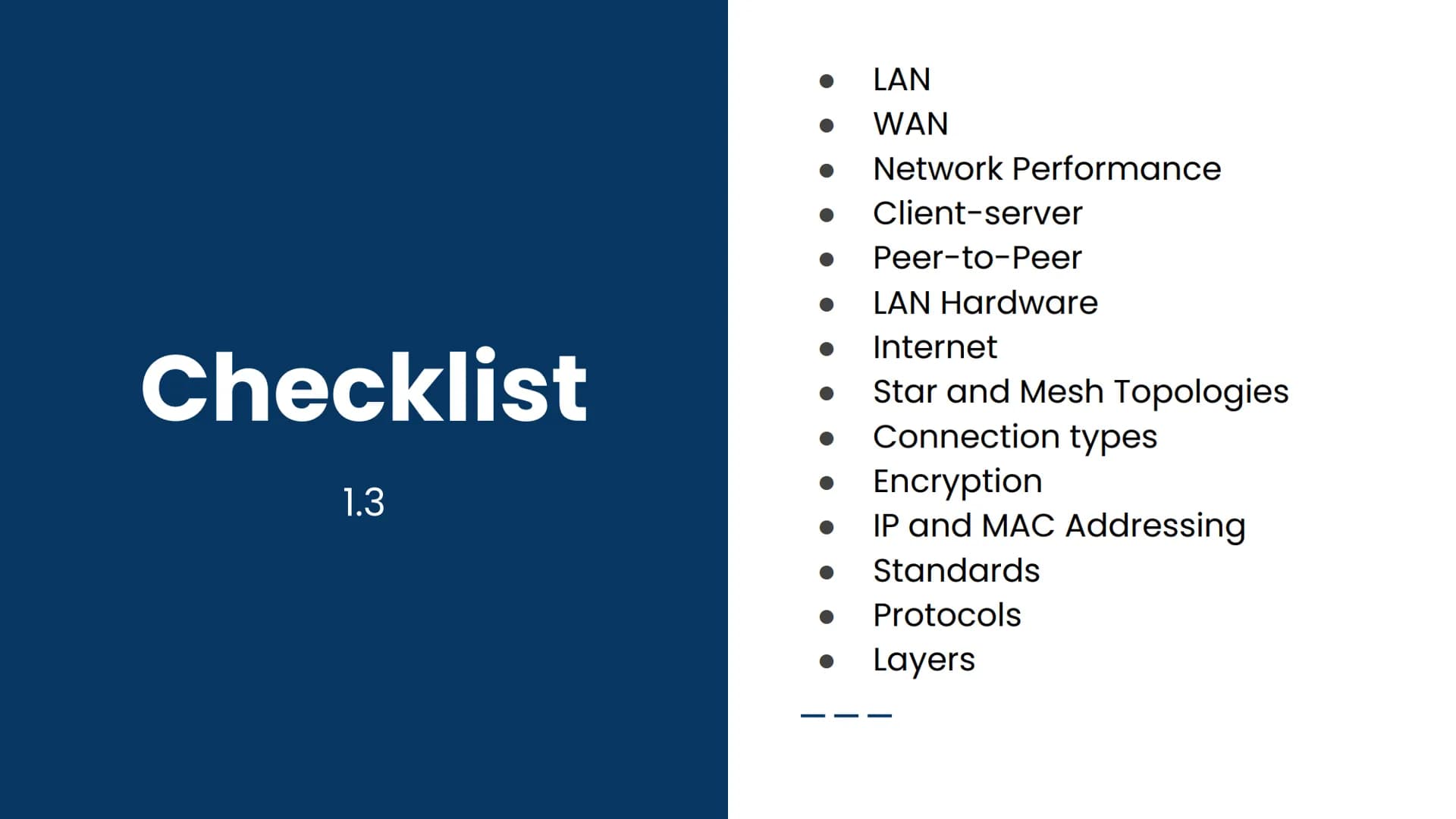 <p>The OCR GCSE Computer Science 1.3 topic covers networks, connections, and protocols. This includes LAN, WAN, network performance, client