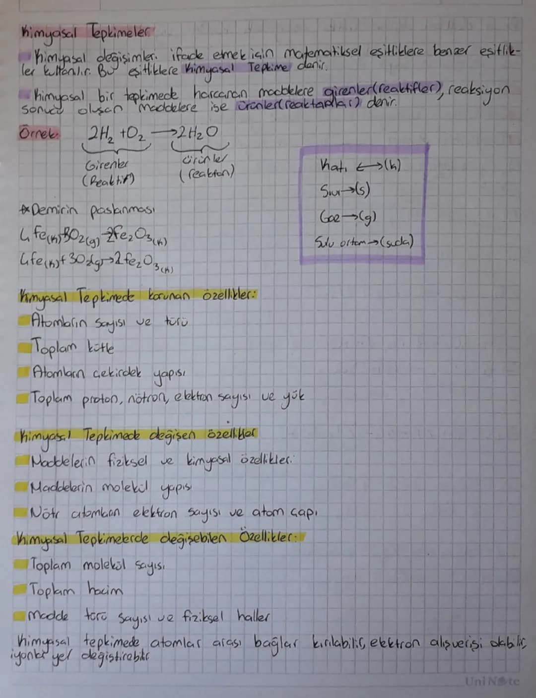 # Kimyasal Tepkimeler
myasal değişimler. ifade etmek için matematiksel eşitliklere benzer eşitlile-
ler kullanılır. Bu eşitliklere kimyasal