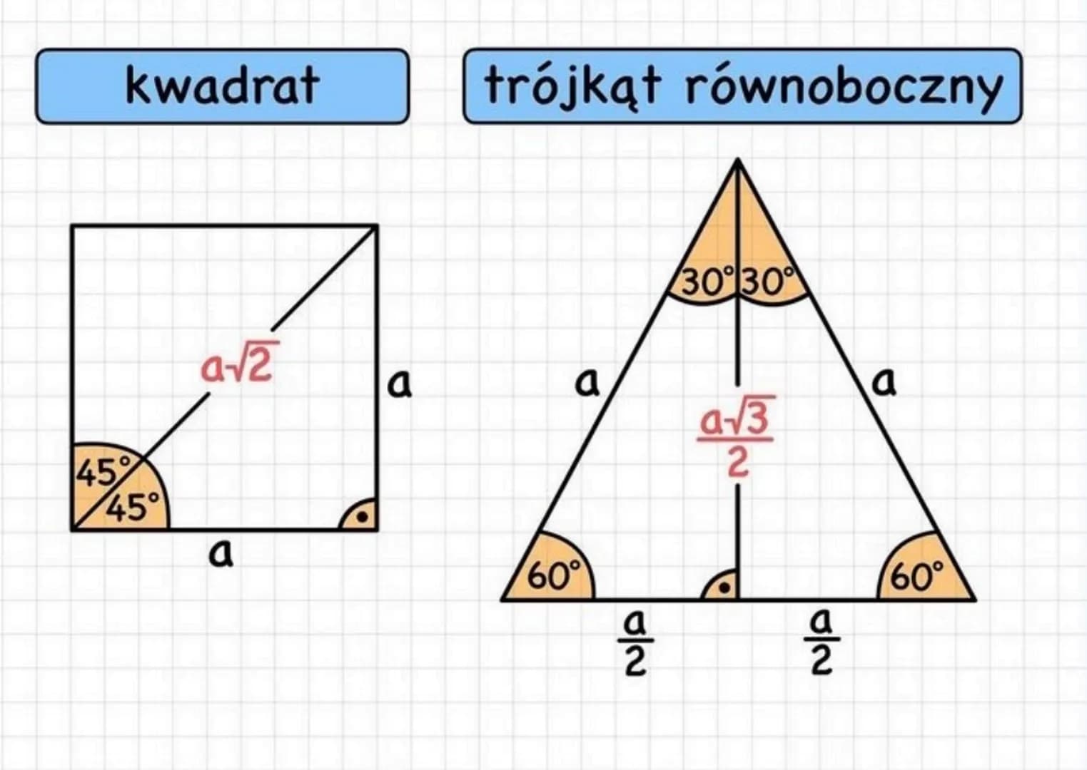 kwadrat
trójkąt równoboczny
30°30°
a√2
a
a
a
a√3
45%
45°
2
a
60°
60°
a
2
a
2