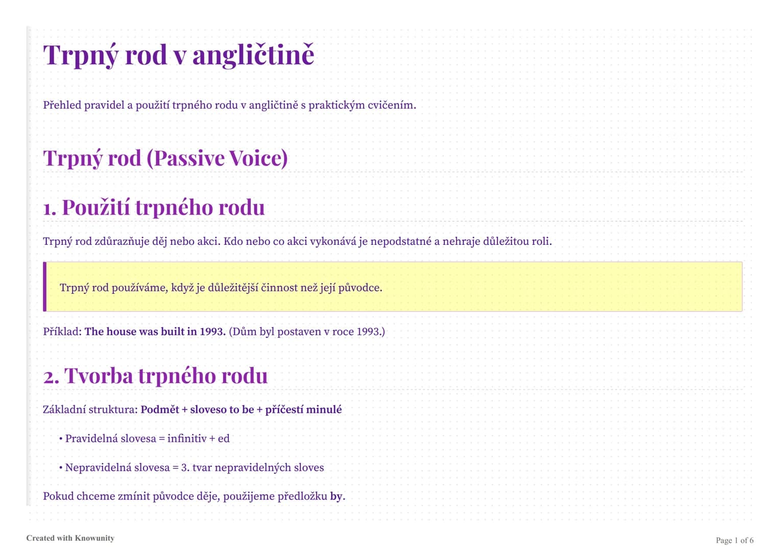 # Trpný rod v angličtině
Přehled pravidel a použití trpného rodu v angličtině s praktickým cvičením.
# Trpný rod (Passive Voice)
## 1. Po