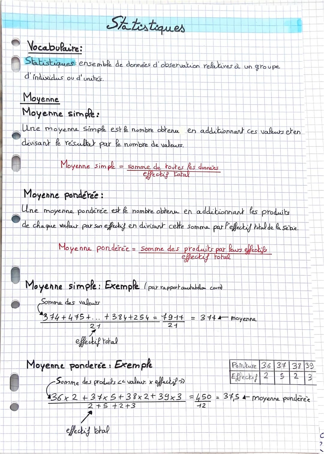 # Statistiques
Vocabulaire:
Statistiques: ensemble de données d'observation relatives à un groupe
d'individus ou d'unites.
Moyenne
Moyen