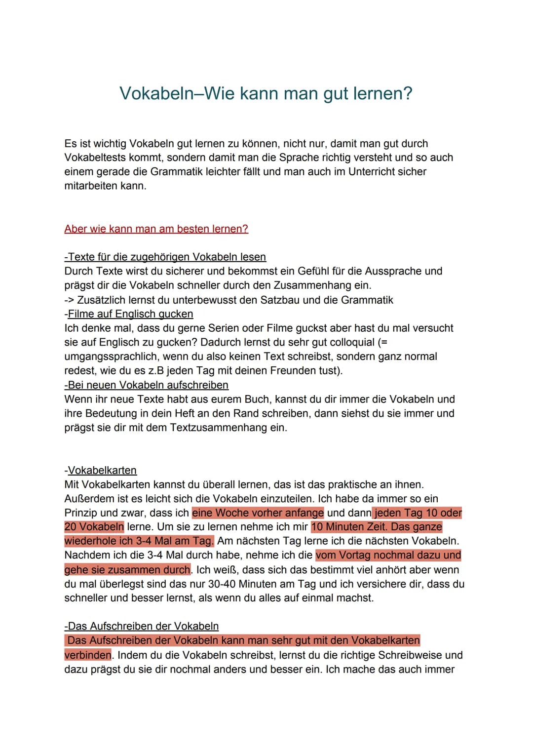# Vokabeln-Wie kann man gut lernen?
Es ist wichtig Vokabeln gut lernen zu können, nicht nur, damit man gut durch
Vokabeltests kommt, sonder